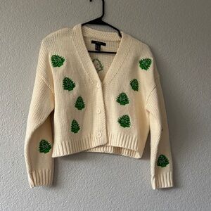 Forever 21 Cream Cardigan with Green Tree Design